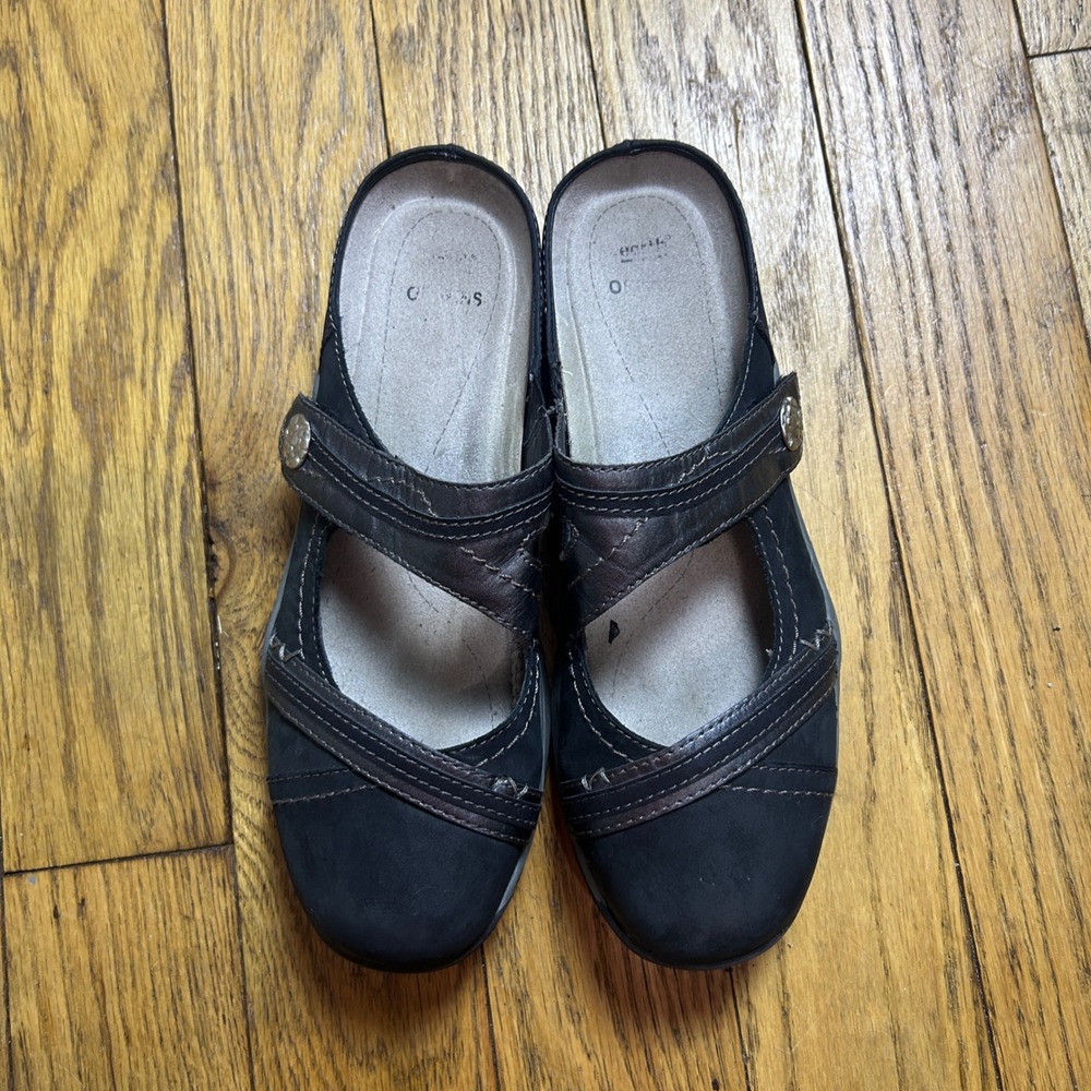 Earth Origins Clara Chloe Black Leather Mules Slip On Clogs Womens 8.5 M